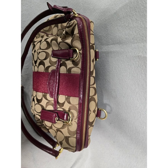 Coach Signature Monogram Canvas Burgundy Stripe Satchel Shoulder Bag Purse - Picture 4 of 7